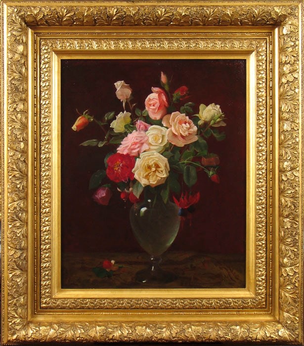 George Cochran Lambdin (1830–1896). Floral Still Life on a Tabletop. Oil on canvas, 20 1/2 x 16 1/2 in. Signed lower left