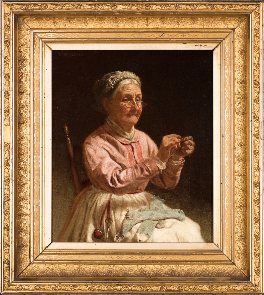 Thomas Waterman Wood (1823–1903), Threading a Needle, c. 1870, oil on canvas, 10 x 12 in., signed upper left: T. W. Wood (framed)