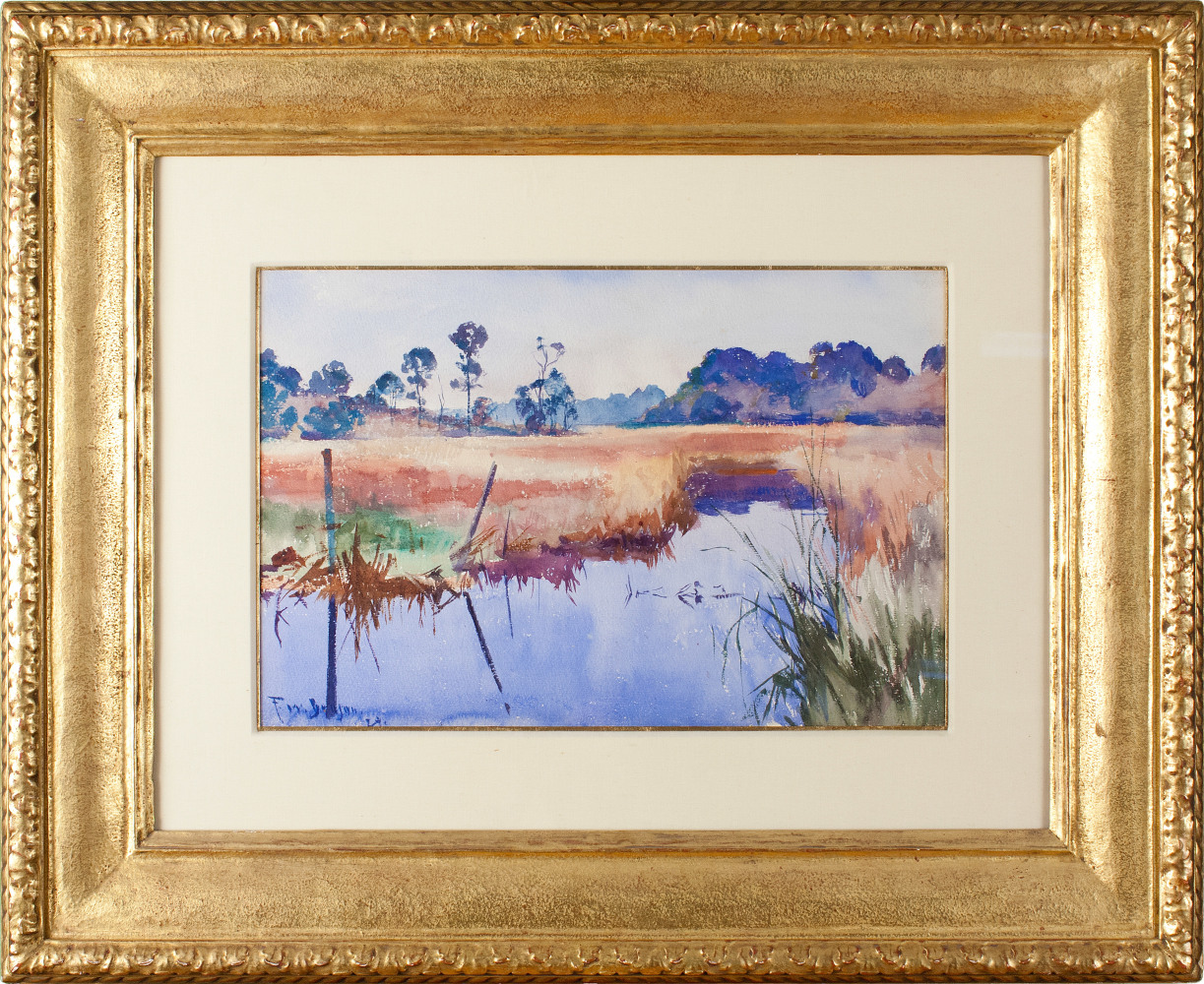 Colorful watercolor by Frank Benson of a river in Alabama (framed).