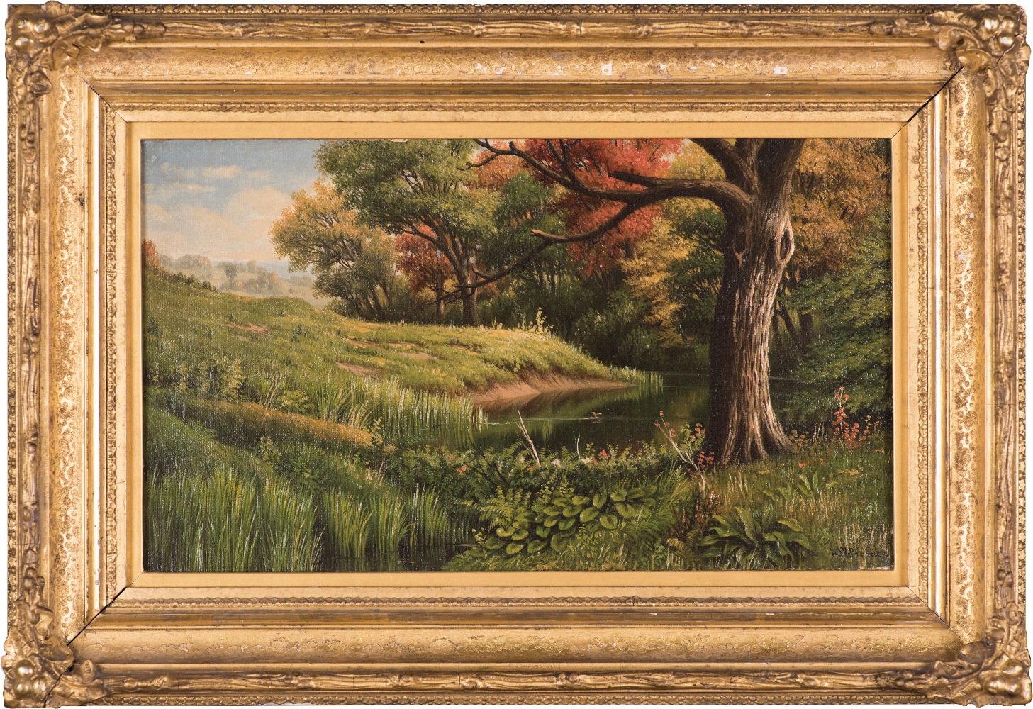 Levi Wells Prentice (1851–1935), An Early Autumn Landscape, 1886, oil on canvas, 7 1/2 x 13 in., signed and lower right: L. W. Prentice, inscribed on verso: L. W. Prentice / 1886 (framed)