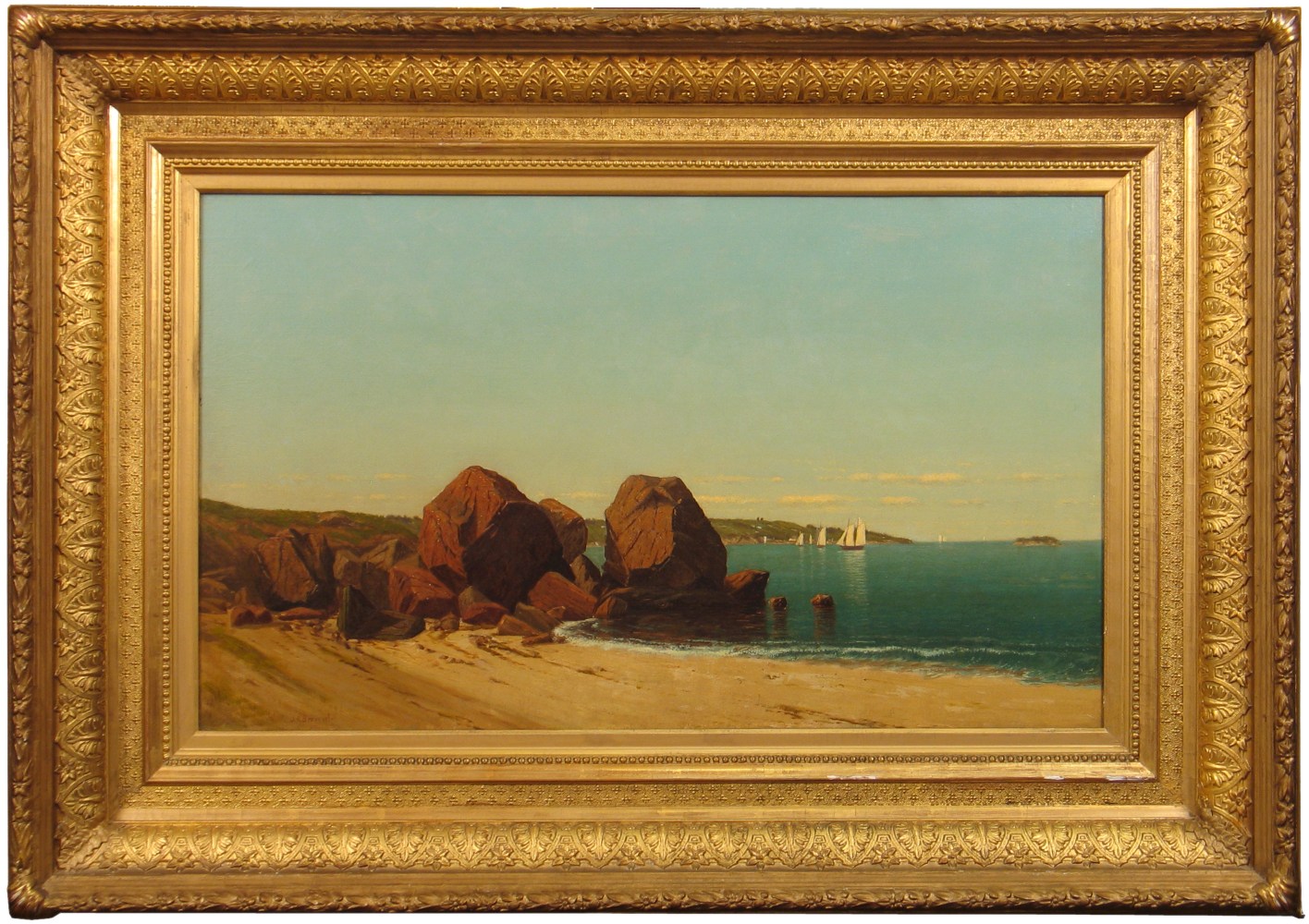 James R. Brevoort (1832–1918), Half Moon Cove at Gloucester Bay, c. 1870, oil on canvas, 18 x 30 in., signed lower left: J. R. Brevoort (framed)