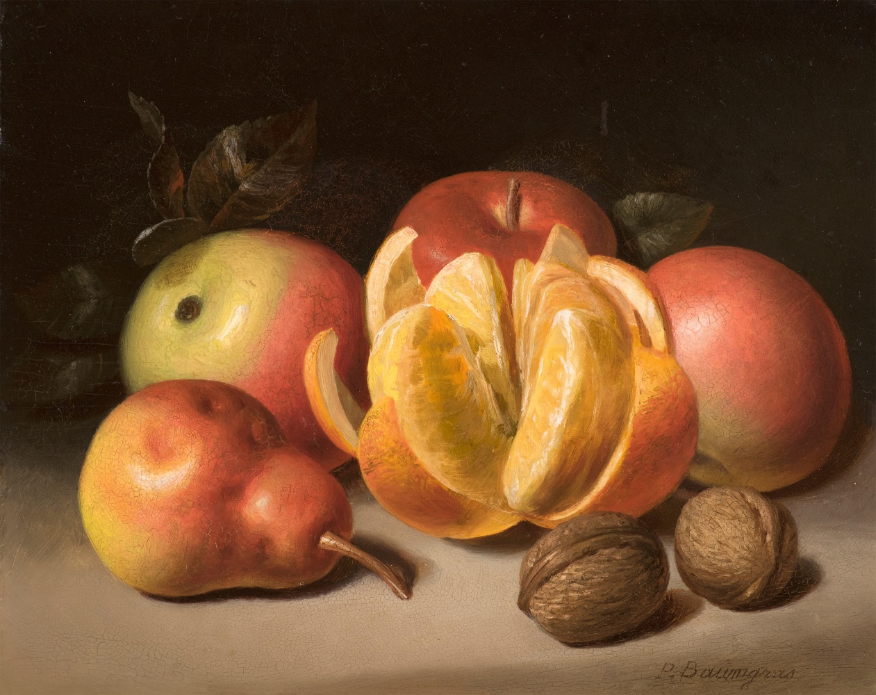 Peter Baumgras (1827–1903), Still Life: Apples, Orange, Pear and Nuts, c. 1860, oil on academy board, 8 x 10 in., signed lower right: P. Baumgras