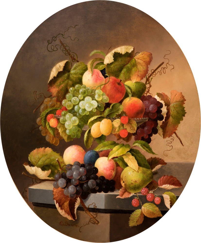 An opulent still life of grapes, pears, apples and plums by Charles Baum (1812–1877), oil on canvas, 30 x 25 in., signed lower left