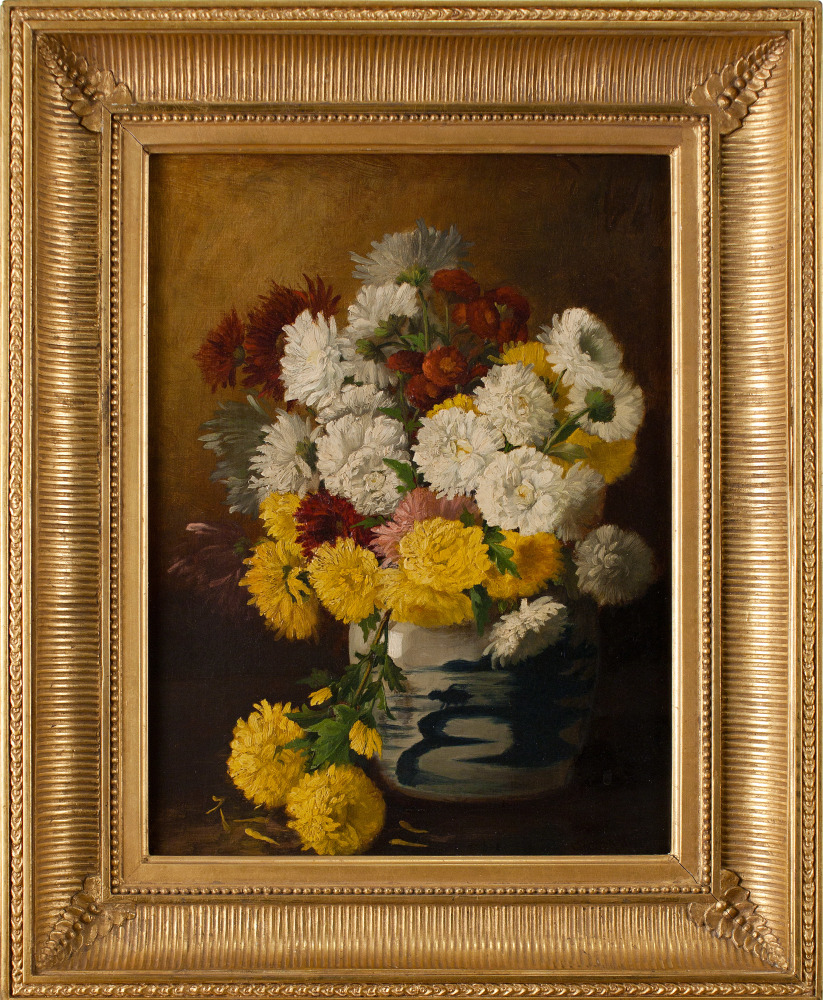 Claude Raguet Hirst (1855–1942) Chrysanthemums in a Canton Vase, c. 1886. Oil on canvas, 16 x 12 in. Signed lower right: Claude Raguet Hirst NY (framed)