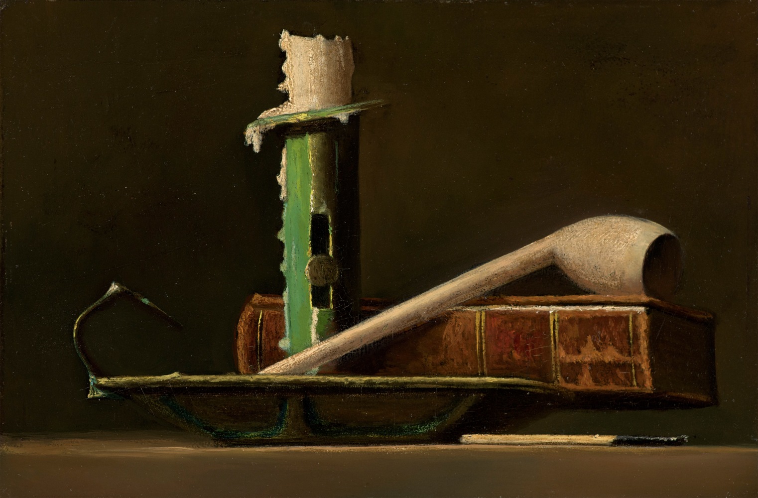 John F. Peto (1854–1907), Still Life with Green Candlestick and Book, c. 1890, oil on panel, 6 x 9 in.