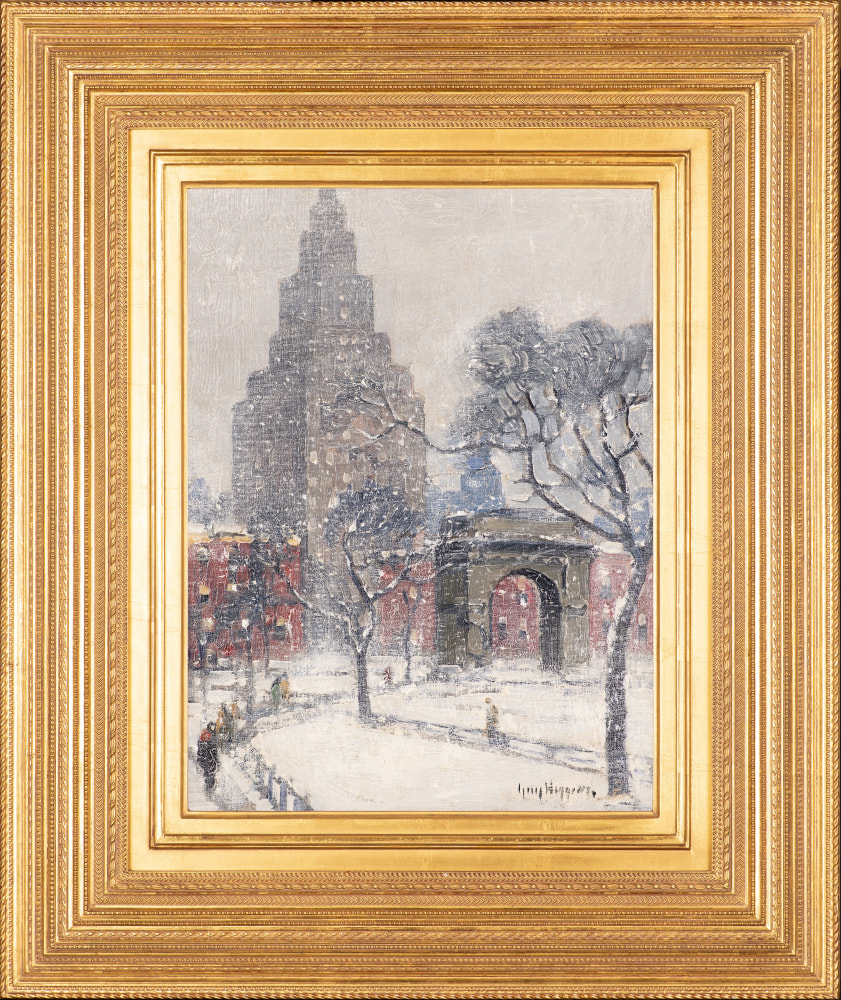 Guy Carlton Wiggins (1883–1962), Washington Square, Winter, New York, 1934, oil on canvas board, 16 x 12 in., signed lower right: Guy Wiggins, signed, dated, inscribed on verso: Washington Sq. Winter New York / Guy Wiggins / 1934 (framed)