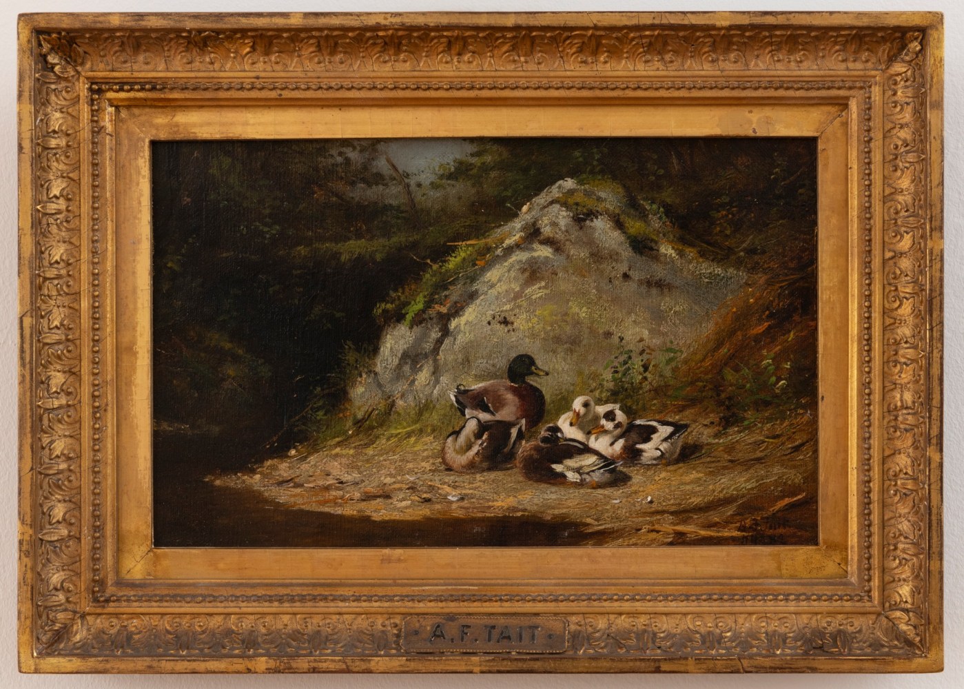 Arthur Fitzwilliam Tait (1819–1905), Ducks Sunning, 1882, oil on canvas, 6 1/2 x 10 1/2 in., signed and dated lower right (framed)