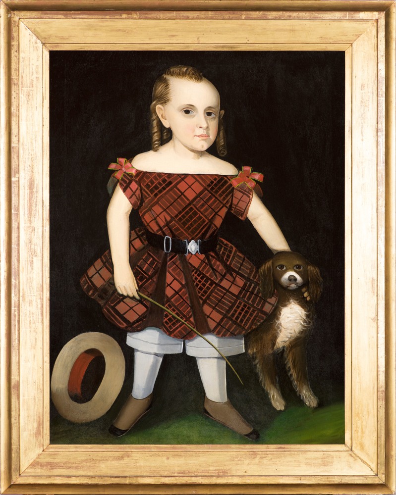 Ammi Phillips (1788–1865), Portrait of a Child in a Plaid Dress with a Dog, oil on canvas, 37 1/2 x 28 1/4 in. (framed)