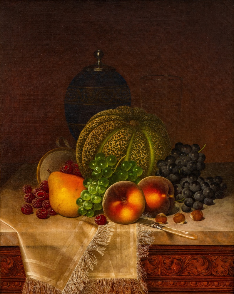 William Mason Brown (1828–1898), Still Life with Fruits, Samovar and Teacup, c. 1875, oil on canvas, 20 x 16 in., signed lower right: WM Brown