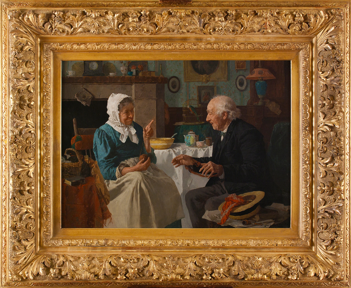 Louis Charles Moeller (1855–1930), Spinning Yarns, c. 1890, oil on canvas, 18 x 24 in., signed lower right: Louis Moeller NA (framed)