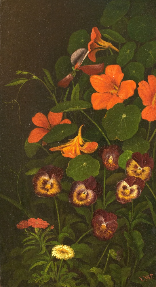 Levi Wells Prentice (1851–1935), Pansies and Nasturtiums, c. 1890, oil on canvas, 11 1/2 x 6 1/2 in., signed lower right: L. W. P.