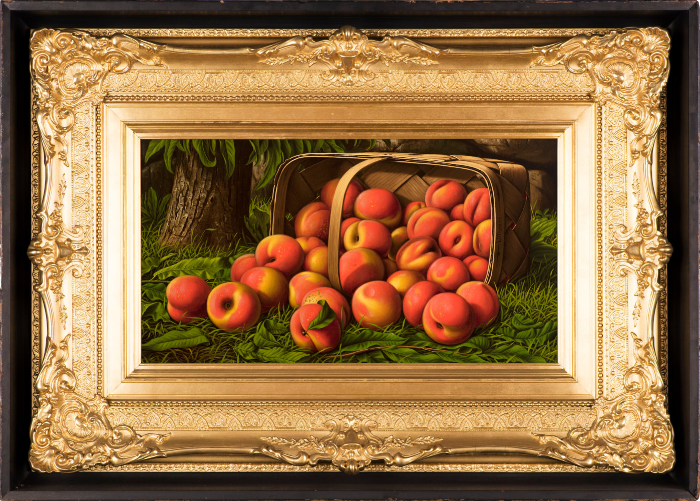 Levi Wells Prentice (1851–1935), Peaches in a Basket Under a Tree, oil on canvas, 12 x 22 in., signed on basket: L. W. Prentice (framed)