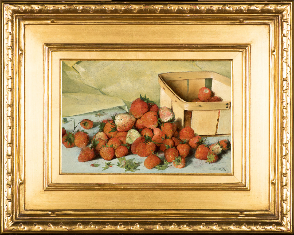 Joseph Decker (1853–1924), Still Life with Strawberries, c. 1885, oil on canvas, 8 x 11 7/8 in., signed lower right: J. Decker (framed)