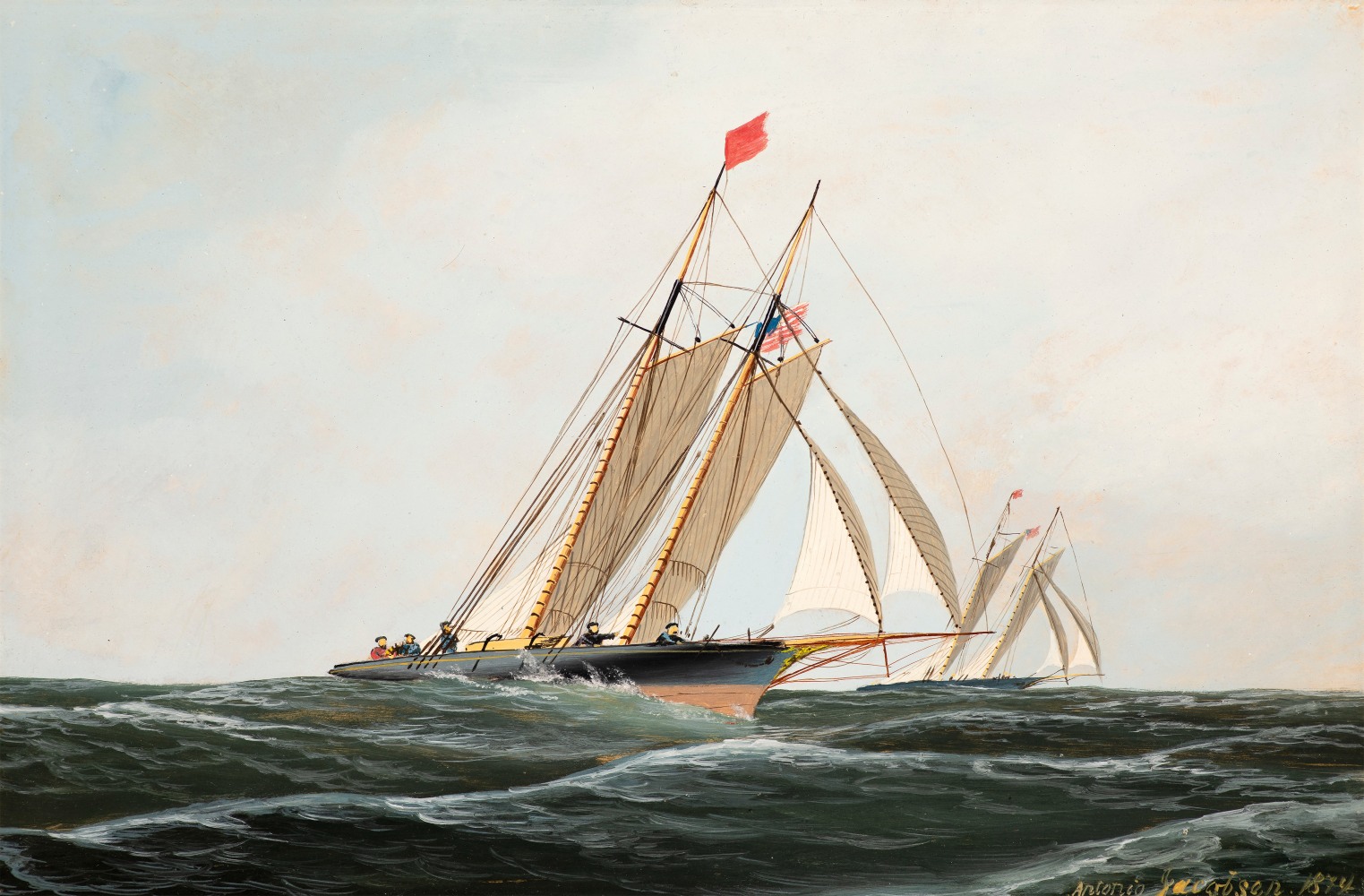 Antonio Jacobsen (1850–1921), The Yacht Race, 1874, oil on board, 9 1/2 x 14 1/4 in., signed and dated lower right: Antonio Jacobsen 1874