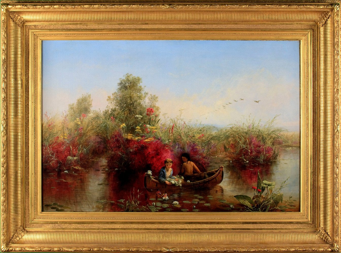 Jerome Thompson (1814–1886). Gathering Waterlilies, 1867. Oil on canvas, 24 ¼ x 36 ¼ in. Signed and dated lower left (framed)