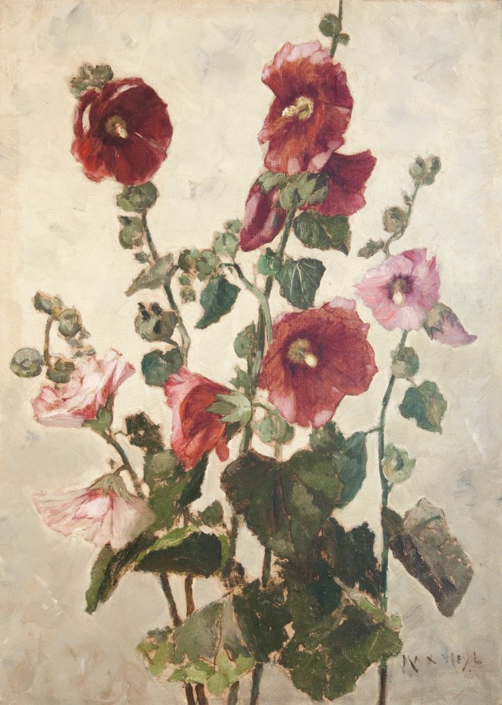 Max Weyl (1837–1914), Hollyhocks, c. 1881, oil on canvas, 21 1/4 x 15 in., signed lower right: Max Weyl / 8…
