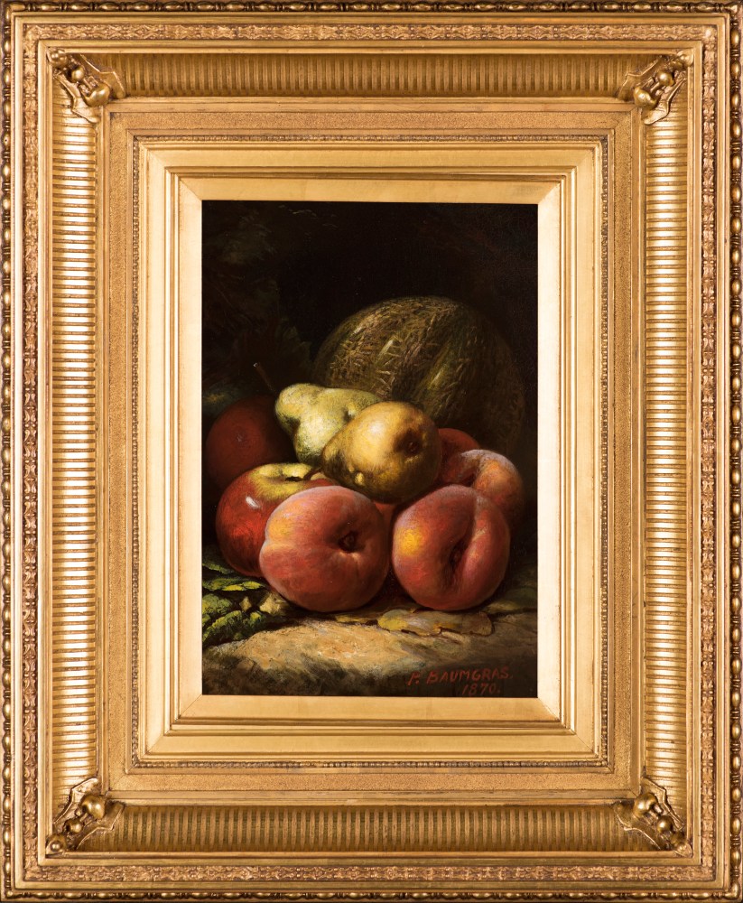 Peter Baumgras (1827–1903), Still Life with Fruit, 1870, oil on board, 12 x 8 in., signed and dated lower right: P. Baumgras / 1870 (framed)