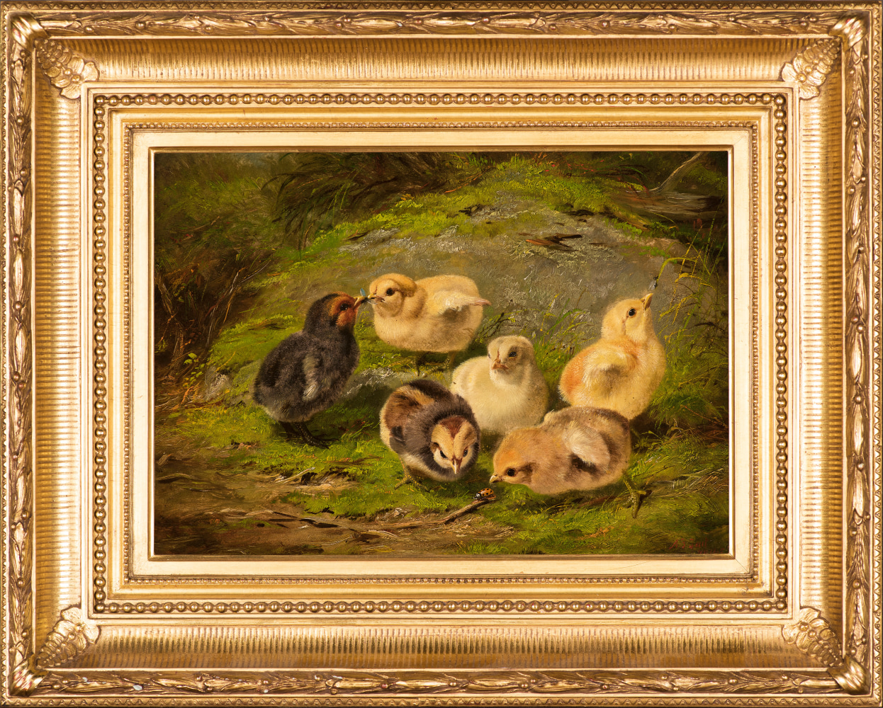 Arthur Fitzwilliam Tait (1819–1905), Chickens, 1865, oil on artist board, 10 x 14 in., signed and dated lower right: A. F. Tait / 1865 Inscribed on verso: 402 / AF Tait / 1865 (framed)