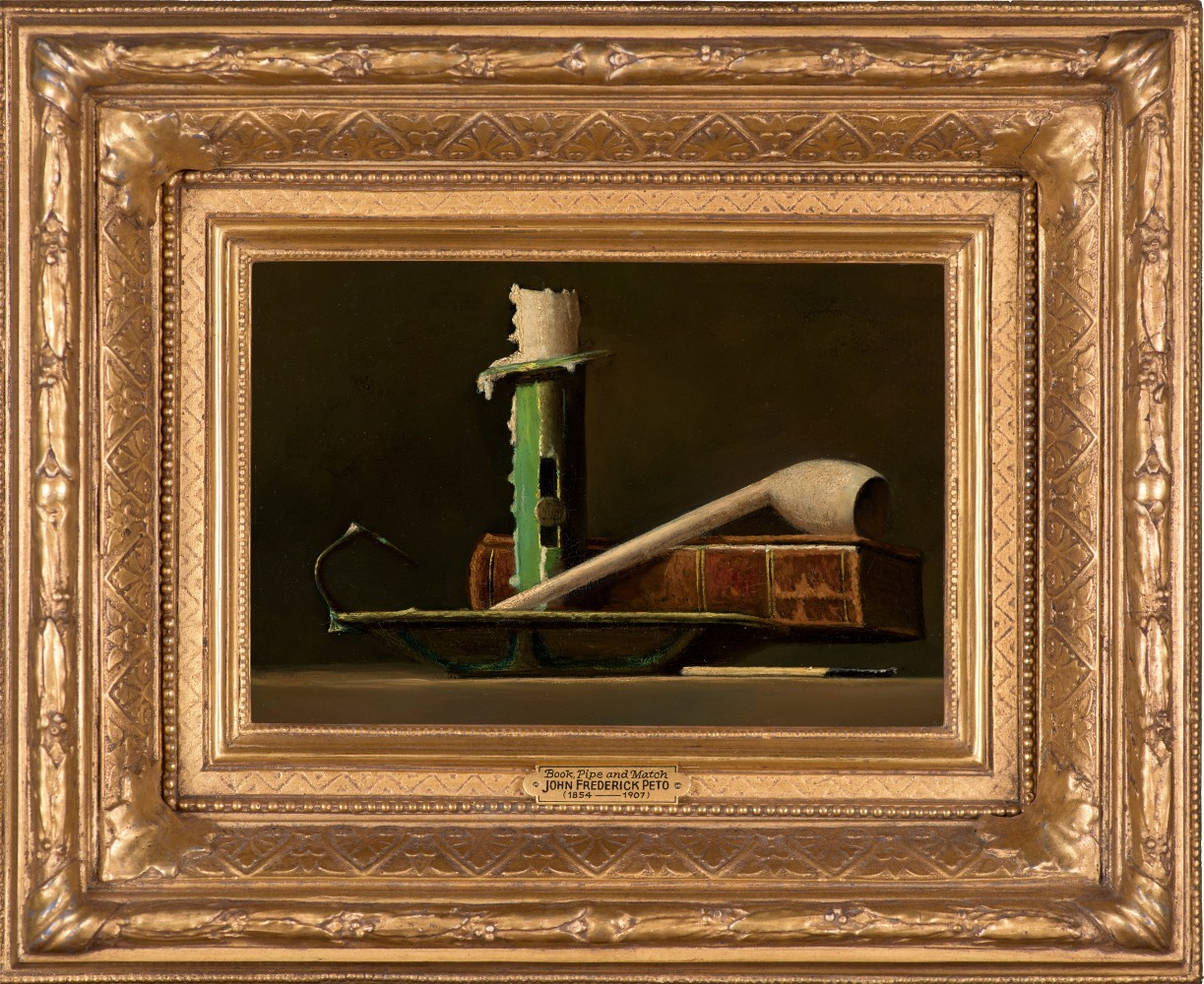 John F. Peto (1854–1907), Still Life with Green Candlestick and Book, c. 1890, oil on panel, 6 x 9 in. (framed)