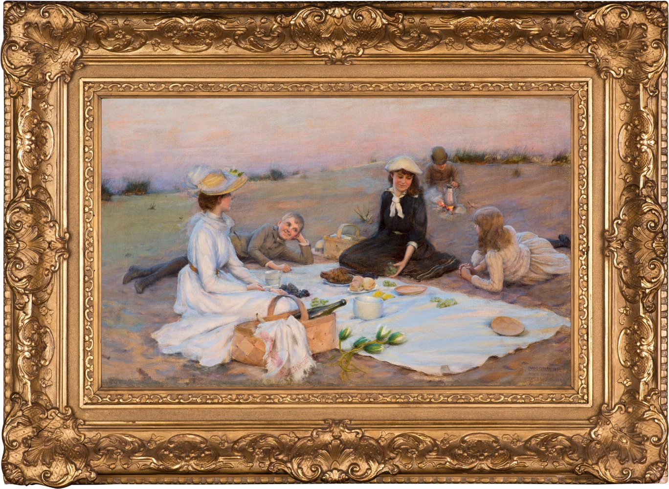 Charles Courtney Curran (1861–1942), Picnic Supper on the Sand Dunes, 1890, oil on canvas, 12 x 20 in., signed, dated, and titled lower right: Chas. C. Curran 1890 / Picnic Supper on / the Sand Dunes (framed)