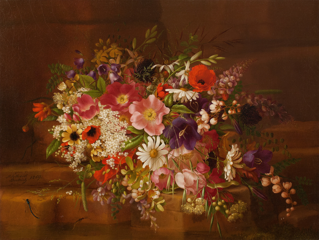Adelheid Dietrich (1827–1891), Still Life with Flowers, 1869, oil on board, 13 3/4 x 17 in.,  signed lower left: Adelheid Dietrich / 1869 Signed and dated verso: Adelheid Dietrich. / 1869