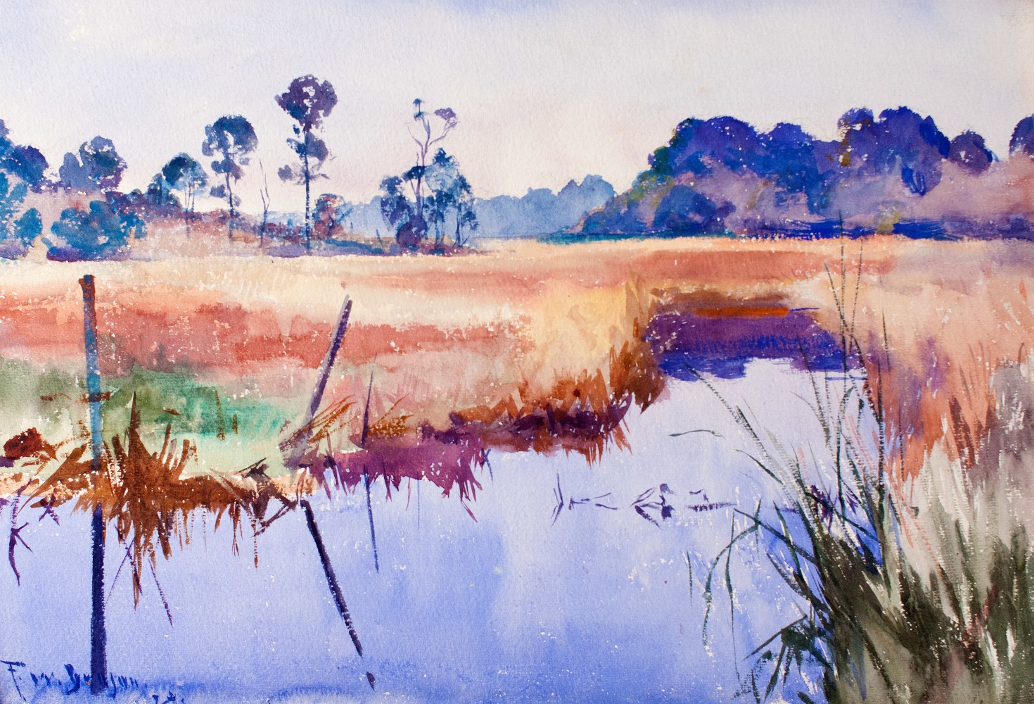 Colorful watercolor by Frank W. Benson of a river in Alabama.