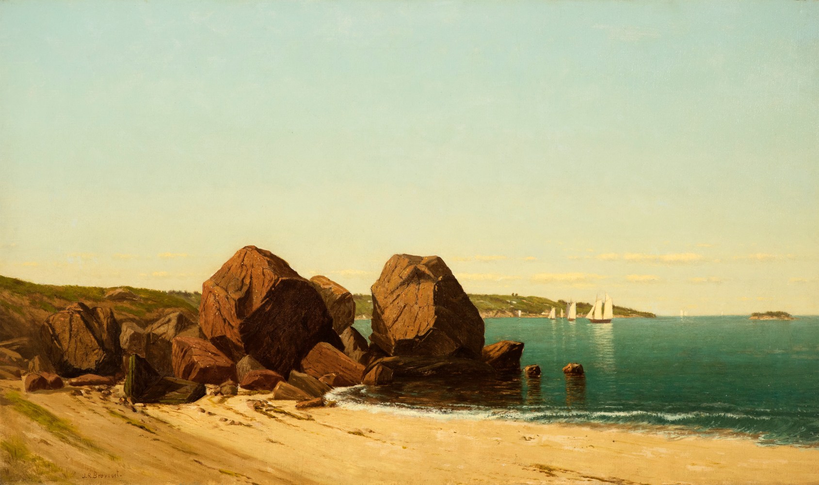 James R. Brevoort (1832–1918), Half Moon Cove at Gloucester Bay, c. 1870, oil on canvas, 18 x 30 in., signed lower left: J. R. Brevoort