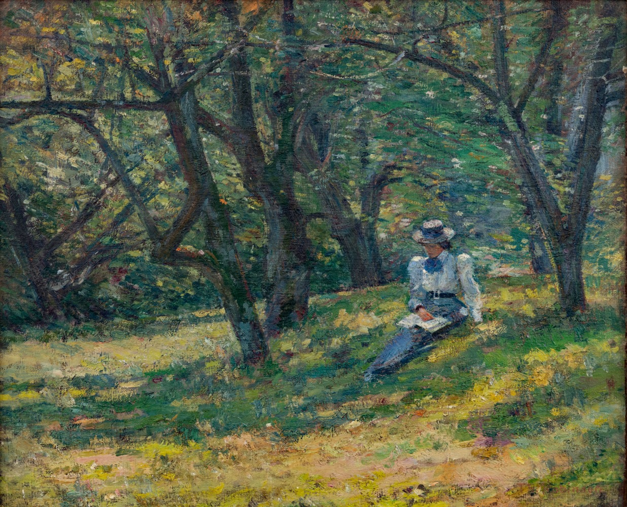 An impressionist painting by Theodore Robinson (1852–1896) that depicts a woman seated in an orchard reading a book . Oil on canvas, 18 x 22 in., signed lower right