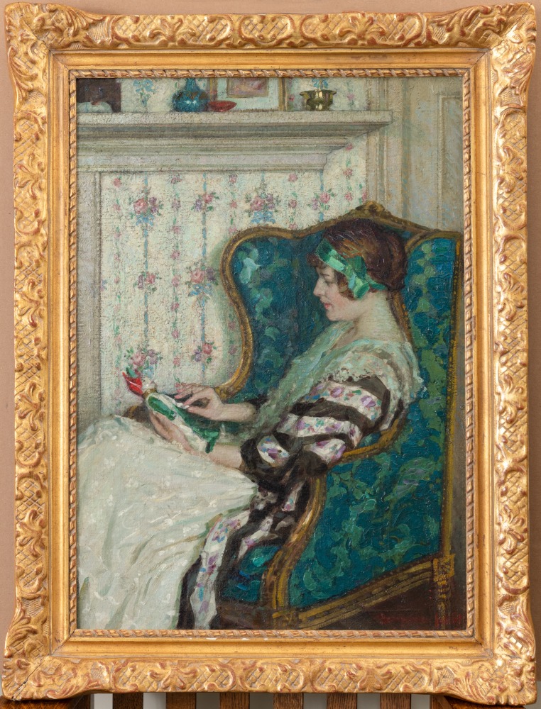 Henry Salem Hubbell (1870–1949). The Pied Mannequin, 1917. Oil on canvas, 26 x 18 1/2 in. Signed lower right (framed)
