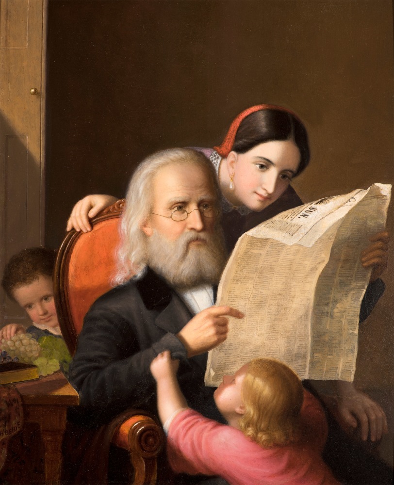 An intimate family scene executed c. 1852 by Hans Heinrich Bebie showing an elderly man reading the newspaper with his daughter and grandchildren.