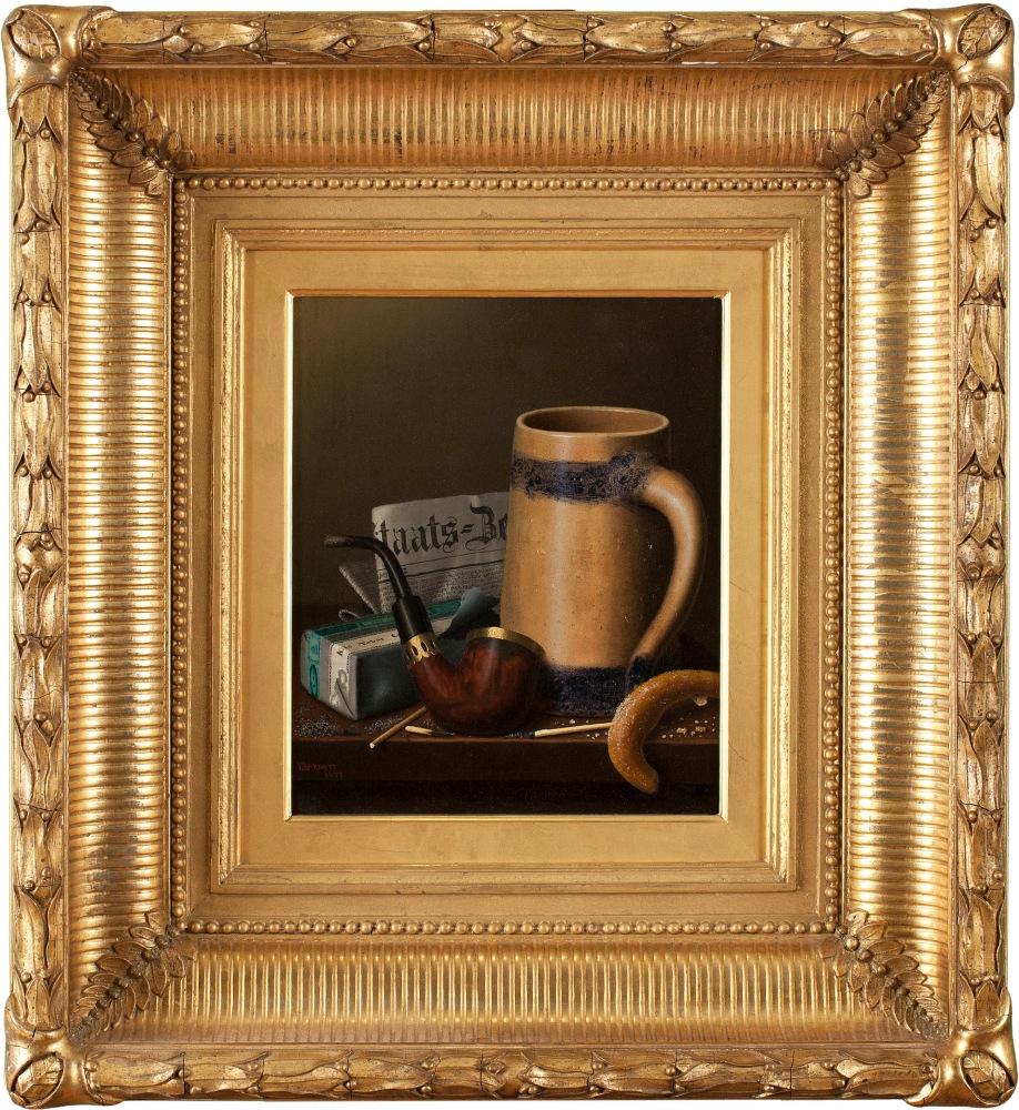 William Michael Harnett (1848–1892). Staats-Zeitung and Pretzel, 1877. Oil on canvas, 12 x 20 in. Signed and dated lower left (framed)