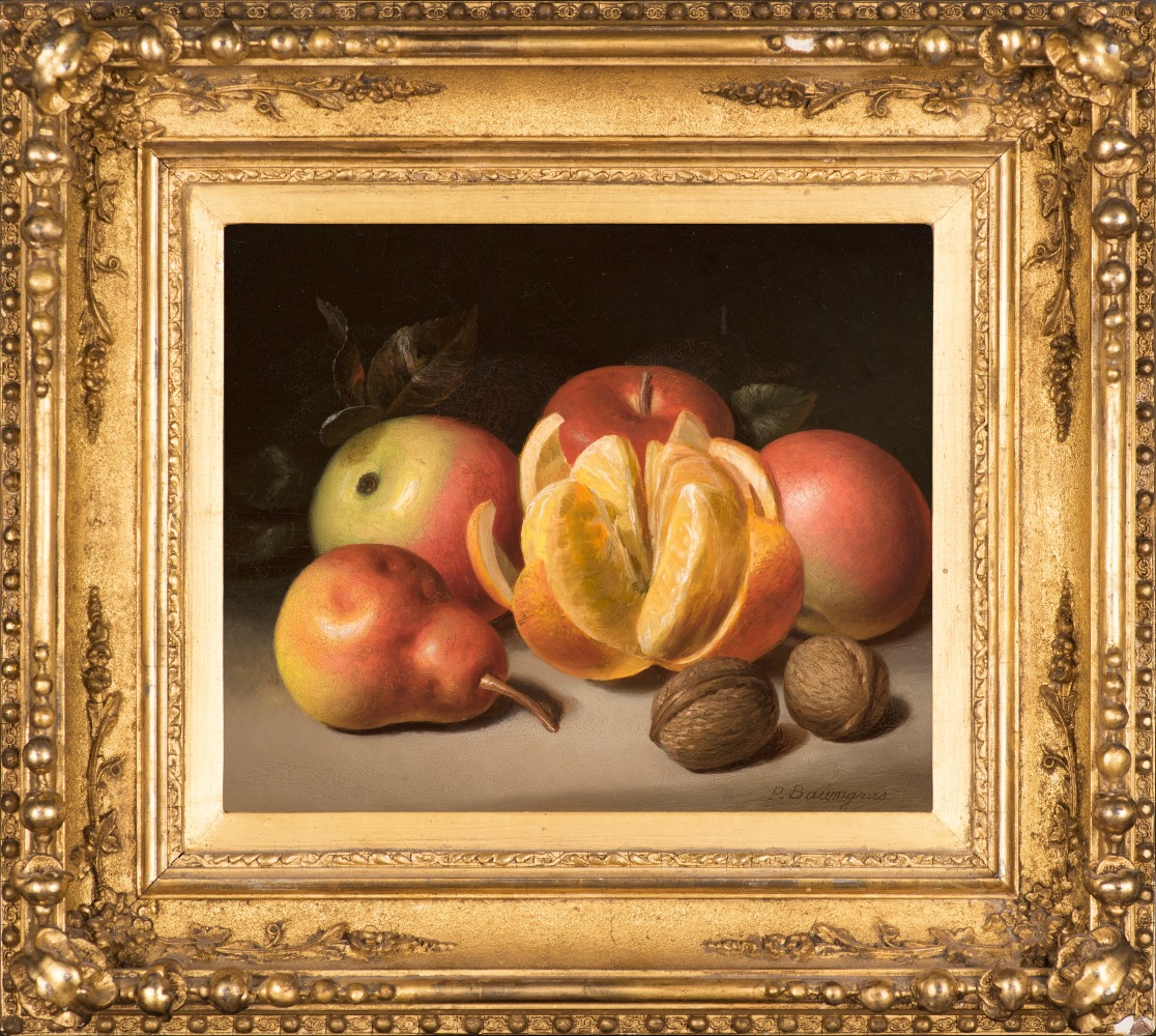 Peter Baumgras (1827–1903), Still Life: Apples, Orange, Pear and Nuts, c. 1860, oil on academy board, 8 x 10 in., signed lower right: P. Baumgras (framed)