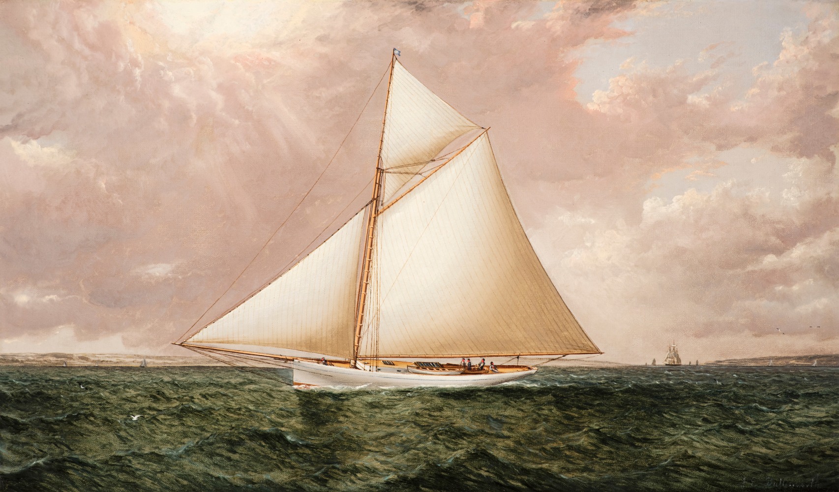 James E. Buttersworth (1817–1894), A Gaff Rigged Racing Cutter, c. 1893, oil on canvas, 12 x 20 in., signed lower right: Jas. Buttersworth