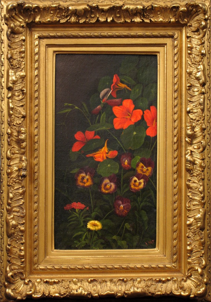 Levi Wells Prentice (1851–1935), Pansies and Nasturtiums, c. 1890, oil on canvas, 11 1/2 x 6 1/2 in., signed lower right: L. W. P. (framed)