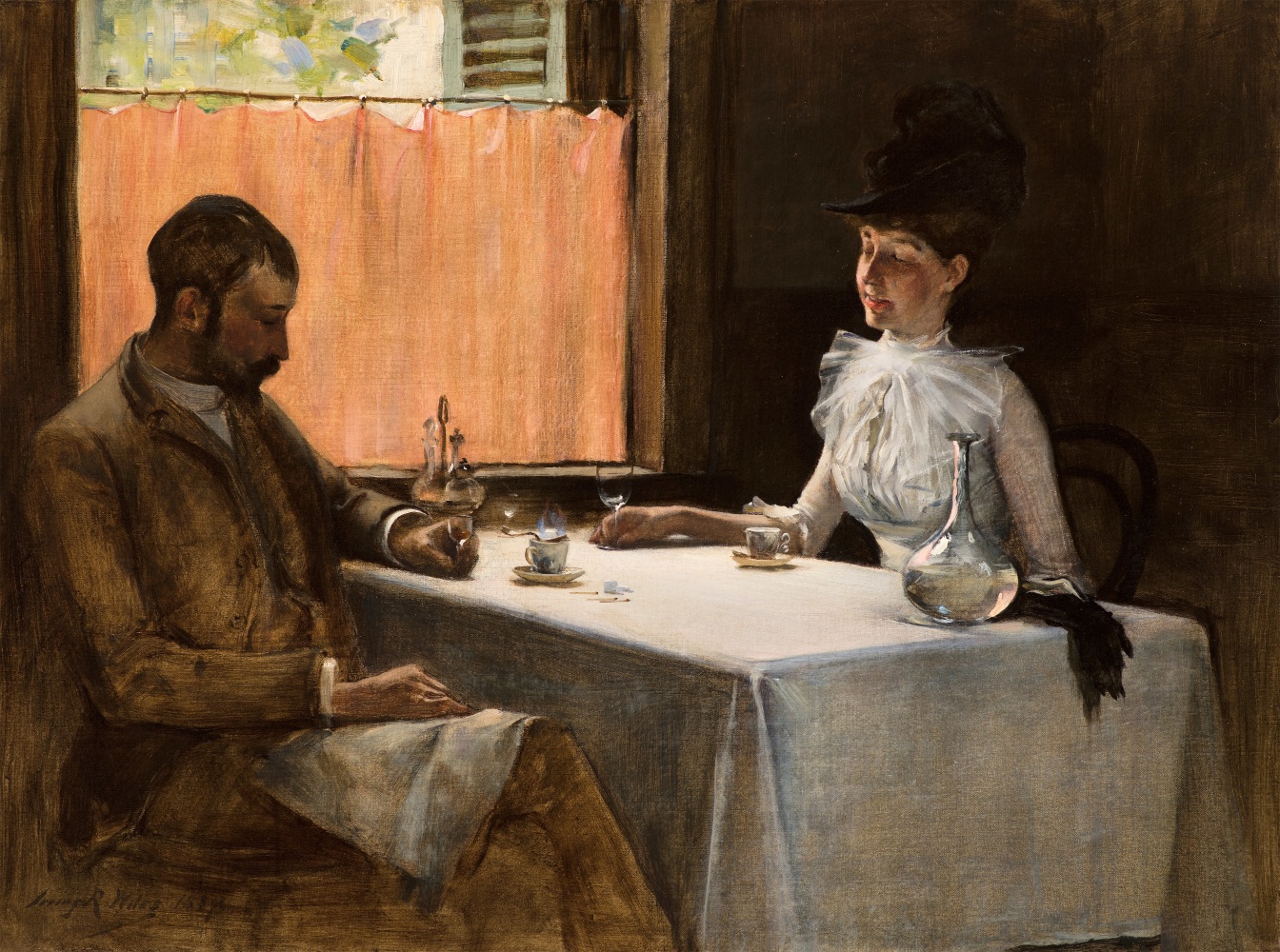 Irving Ramsey Wiles (1861–1948), The Loiterers, 1887, oil on canvas, 18 x 24 in., signed and dated lower left: Irving R. Wiles 1887. The artist and his wife seated in a Parisian cafe.