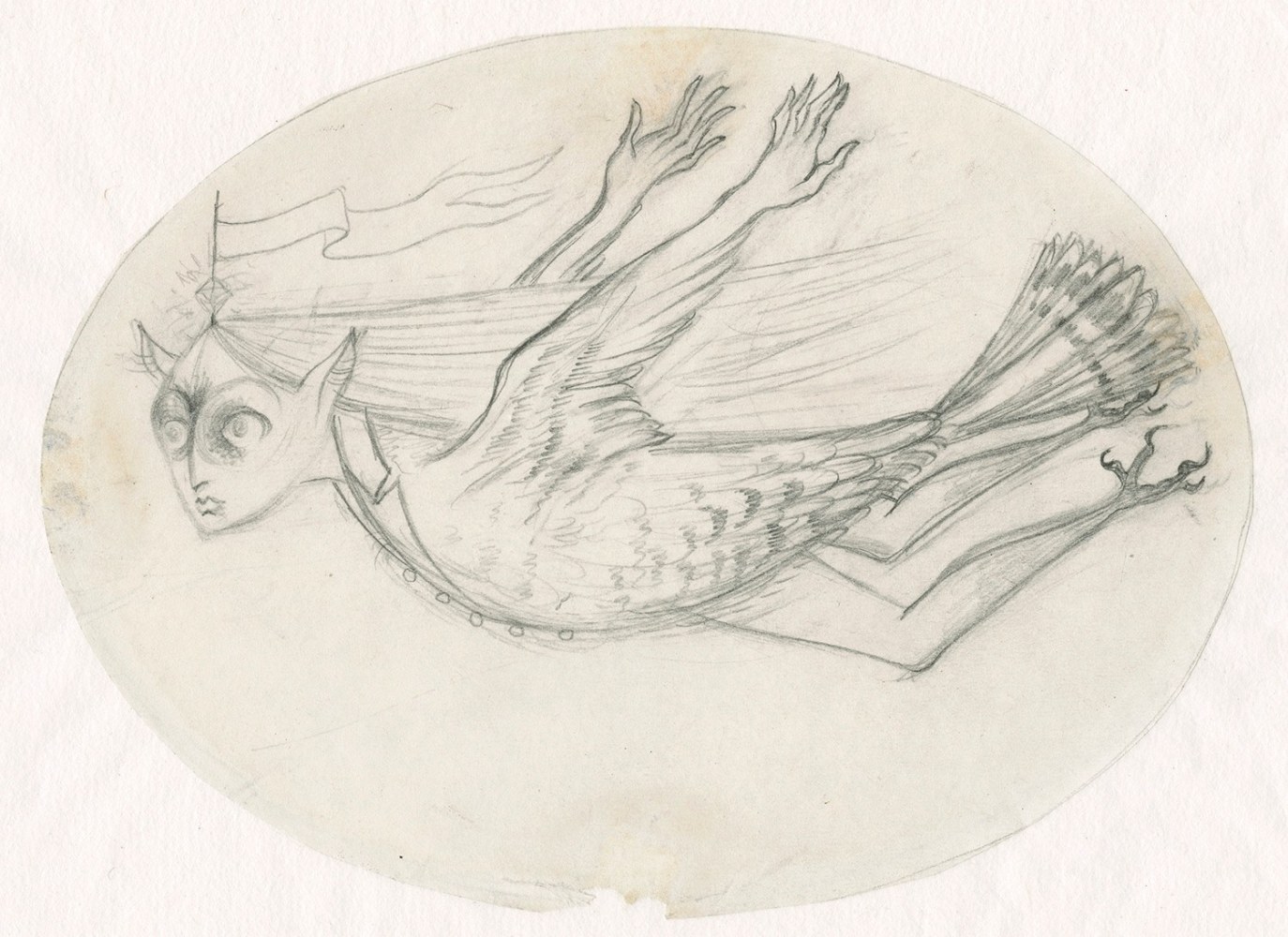 Remedios Varo  Mujer lechuza volando, 1957 pencil on paper paper: 8 1/4 x 7 1/2 inches frame: 11 1/2 x 14 5/8 inches