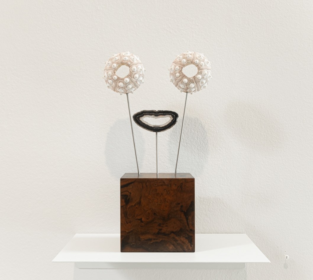 Katarzyna Przezwańska  Untitled, 2022 sea urchin shells, agate slice, metal, wood 11 3/4 x 6 3/4 x 4 3/8 inches