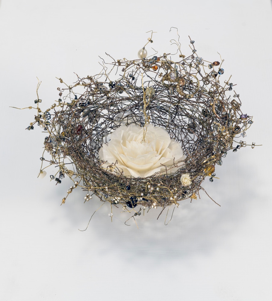 Karin Broker  Virgin nest, 2021 white hard flower, rings, crystals, wire 8 x 10 x 10 inches painted wood pedestal: 44 1/4 x 7 7/8 x 7 7/8 inches  $10,000