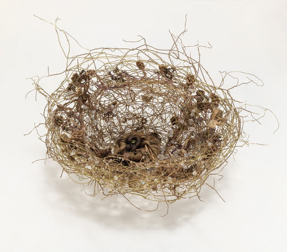 Karin Broker  Do not forget me ever nest, 2020  Victorian hair (1897), crystals, wire  10 x 10 x 5 inches wood stand: 39 1/2 x 16 1/2 x 16 1/2 inches  $10,000