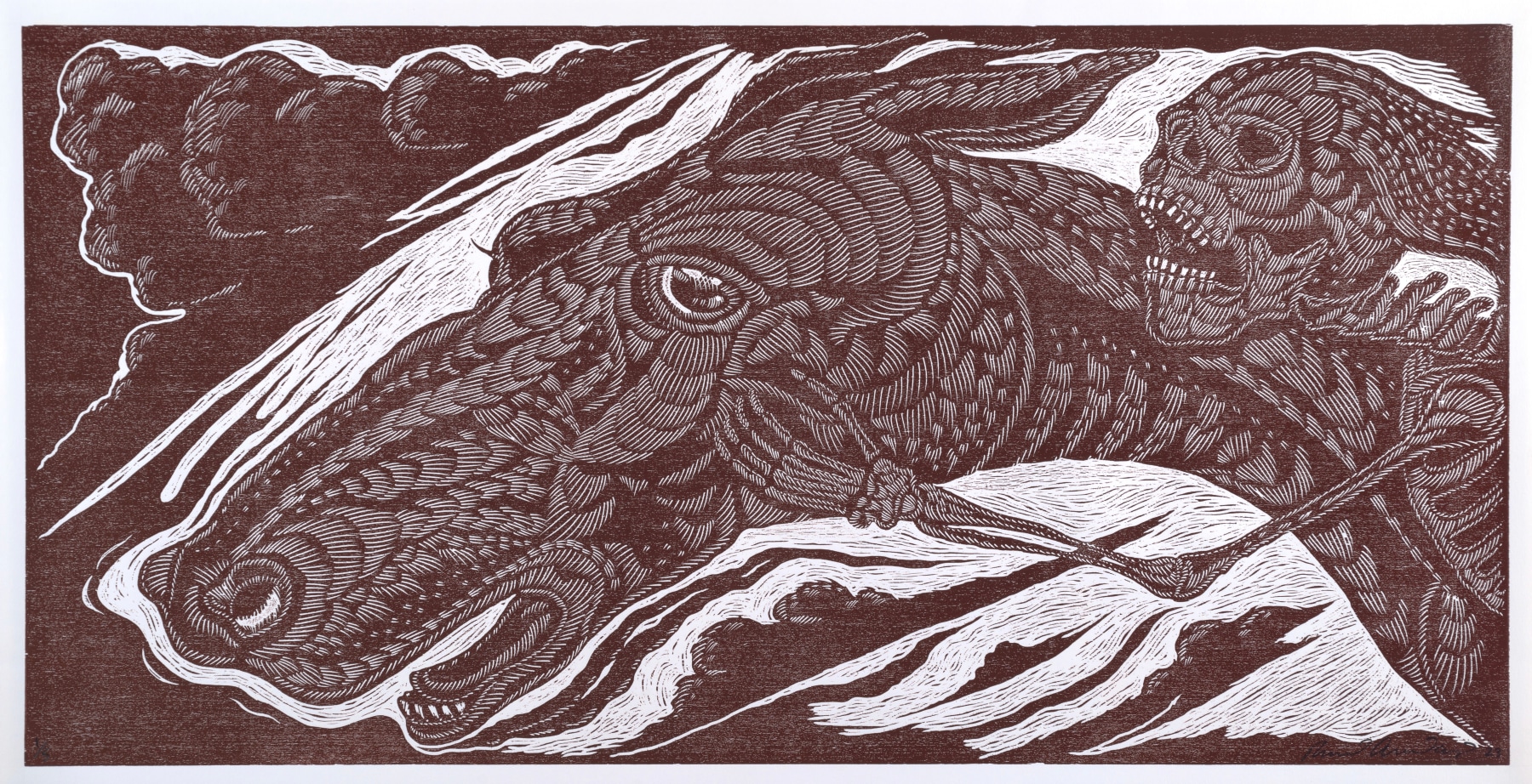 Richard (Ricky) Armendariz  La Muerta y Su Caballo (Death and Her Horse), 2023  wood block print  ED 2 of 5  26 x 50 inches Courtesy of Ruiz-Healy Art