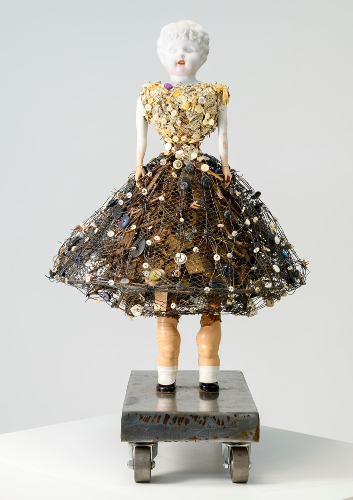 Karin Broker  Trouble girl, 2022 Victorian easter basket, porcelain, composite materials, buttons, wire, steel base with wheels 23 1/2 x 18 x 20 inches (KB-271)     $25,000