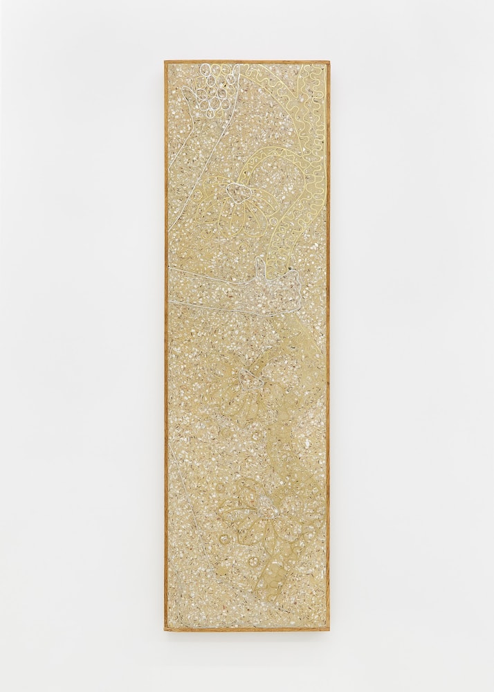 Ficus Interfaith  Winged Genie with Sacred Tree, 2020 cementitious terrazo in oak frame 48 x 14 x 1 1/4 inches