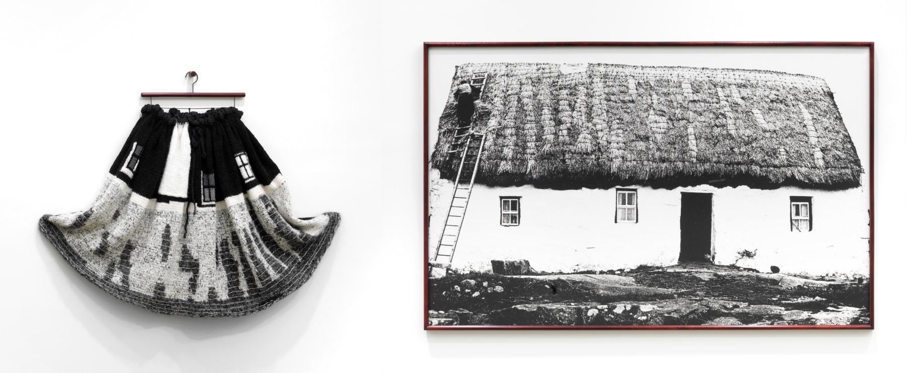 Elaine Reichek  Whitewash (Galway Cottage), 1992-93 knitted wool yarn, hanger, and gelatin silver print in 2 parts 43 x 133 inches