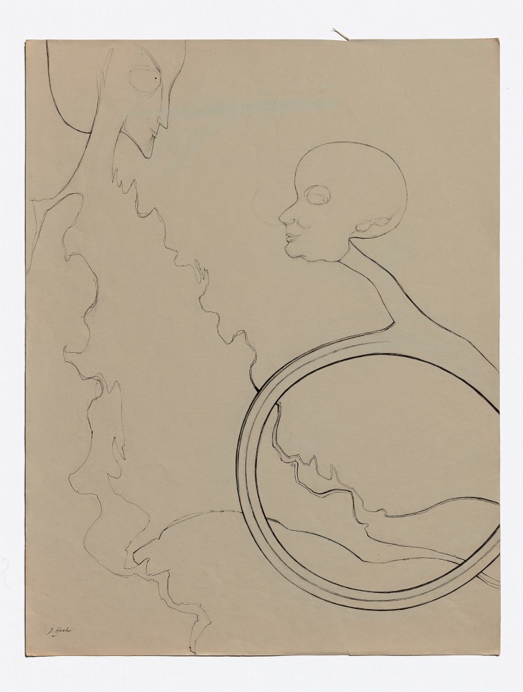 Dorothy Hood  Untitled (2 figures, one on a ring), n.d. ink on paper paper: 26 x 19 15/16 inches frame: 32 3/8 x 26 2/8 inches