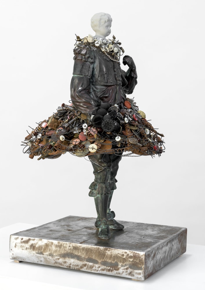 Karin Broker  Fight girl, 2021  cast metal, porcelain, scissors, pearl, buttons, wire, steel base  15 x 10 3/4 x 10 inches steel stand: 48 1/2 x 12 x 12 inches  $20,000