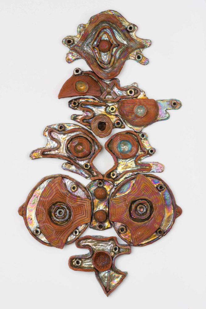 Julia Kunin  Labrys Queen, 2019 ceramic wall piece 49 x 28 x 4 inches     $21,000