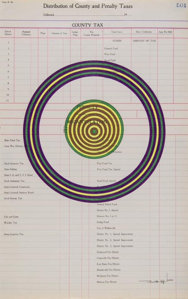 Terran Last Gun  Constructing Earthbeams for the Sun, 2021 ink and colored pencil on antique ledger paper (dated 1927) paper: 17 3/4 x 11 3/8 inches frame: 21 1/4 x 15 x 1 1/4 inches