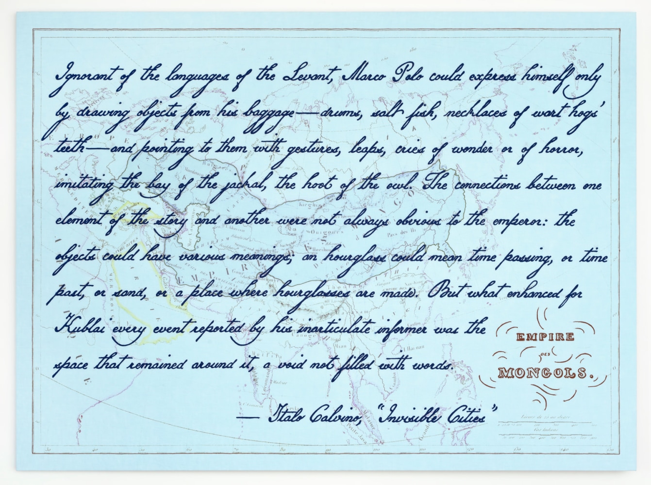 Elaine Reichek  The Languages of the Levant (Invisible Cities), 2017  pigment inkjet printing and machine embroidery on linen  39 3/4 x 53 3/4 inches