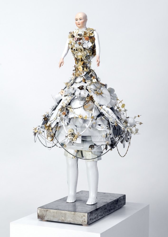 Karin Broker  Button it girl, 2021 porcelain, composite materials, buttons, wire, misc., steel base 29 1/2 x 17 x 18 incheS     $25,000