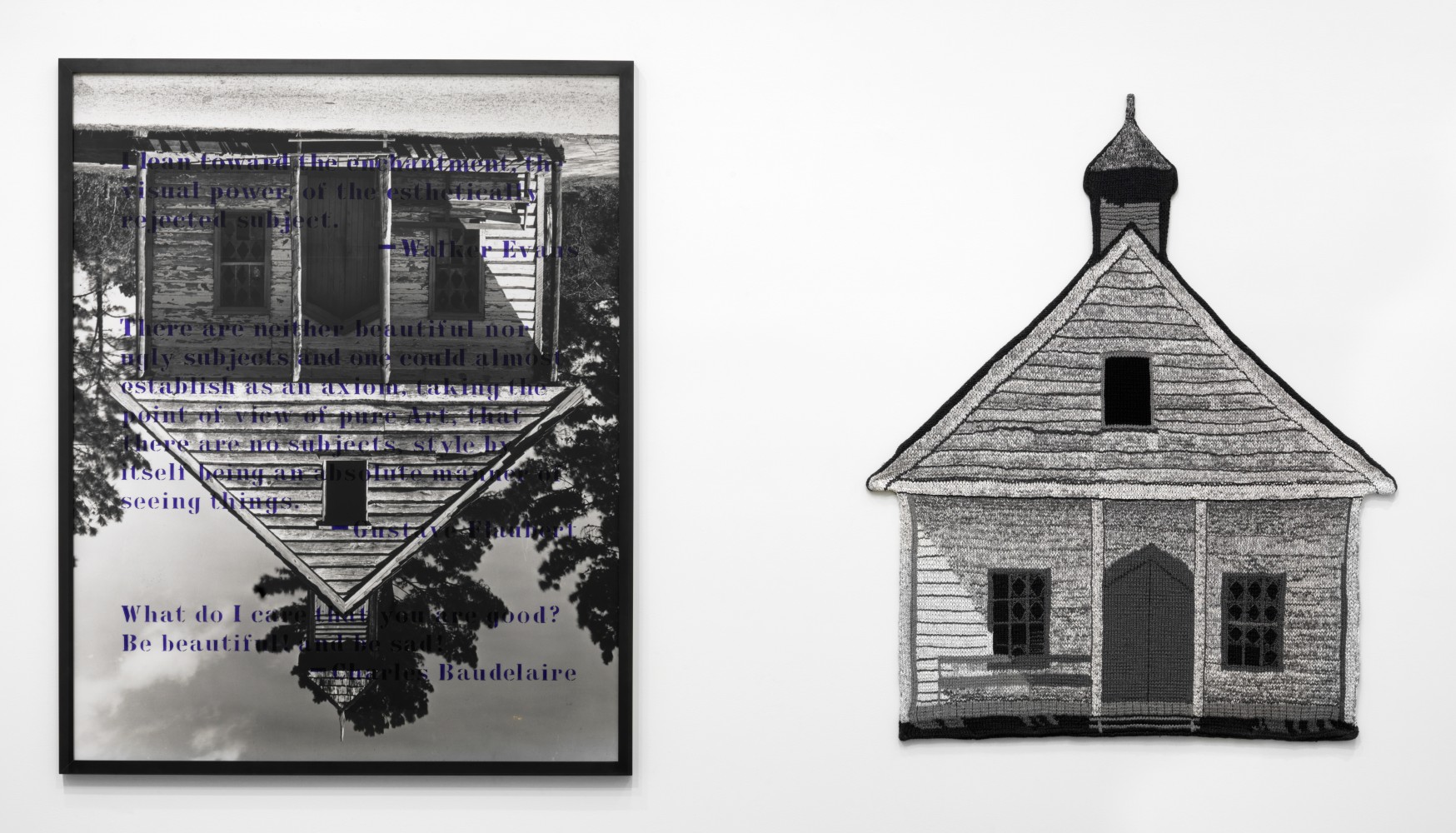 Elaine Reichek  Form Security Administration (I Lean Towards), 1994–95  knitted cotton yarn and oil on gelatin silver print  64 1/4 x 111 1/2 inches  $50,000